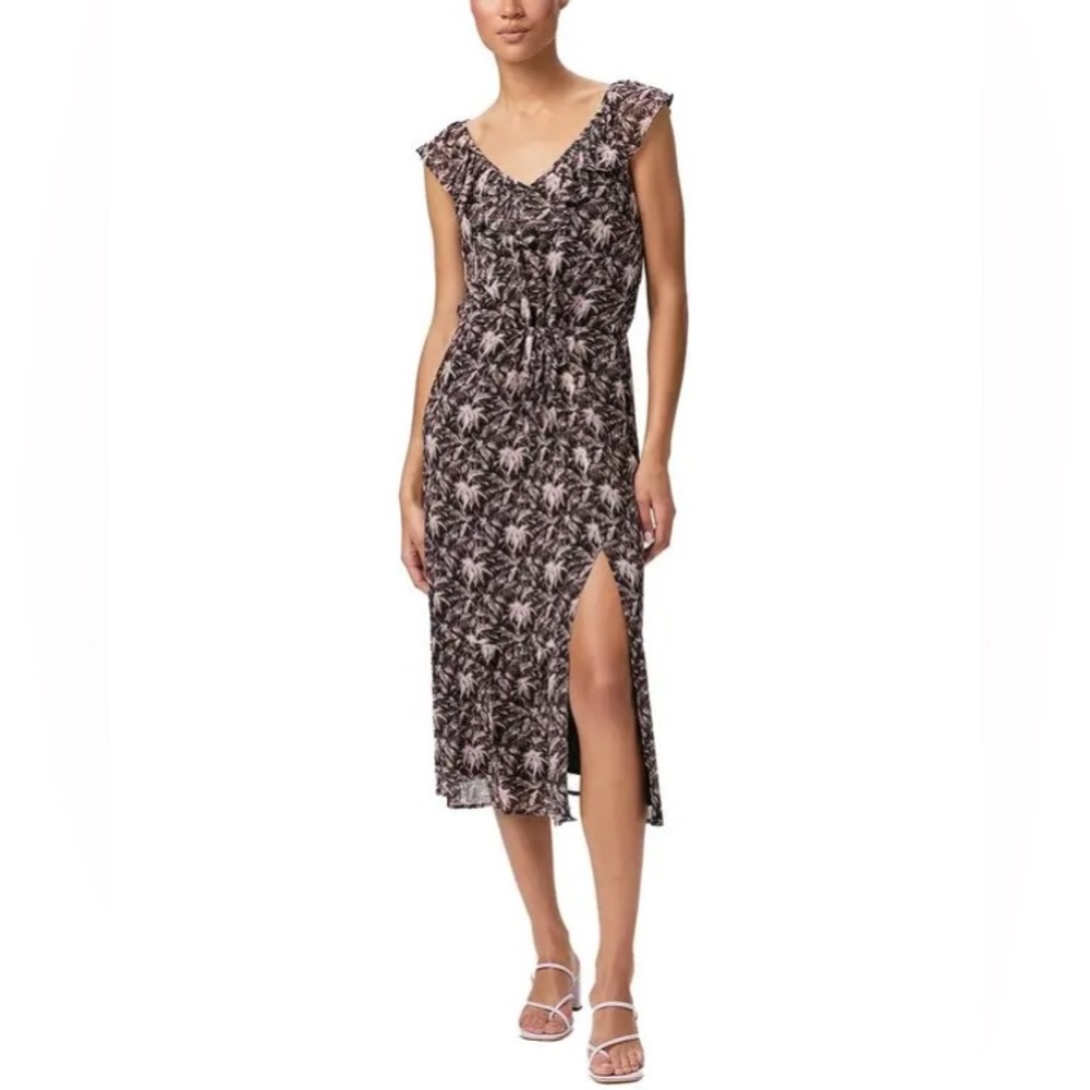 NWT PAIGE XS 100% Silk Beverly Midi Dress in Black And Silver Rose